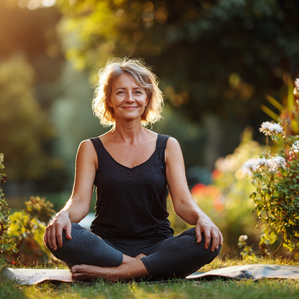 Peaceful middle-aged Ukrainian woman practicing yoga meditation in serene natural setting with soft lighting