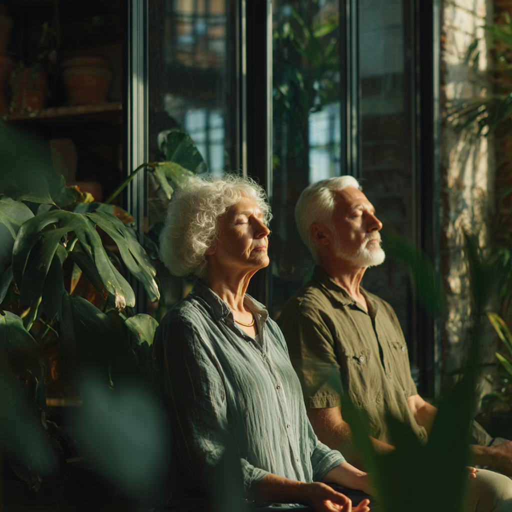 Serene Ukrainian woman in her forties demonstrating relaxation yoga pose in peaceful home setting with natural lighting